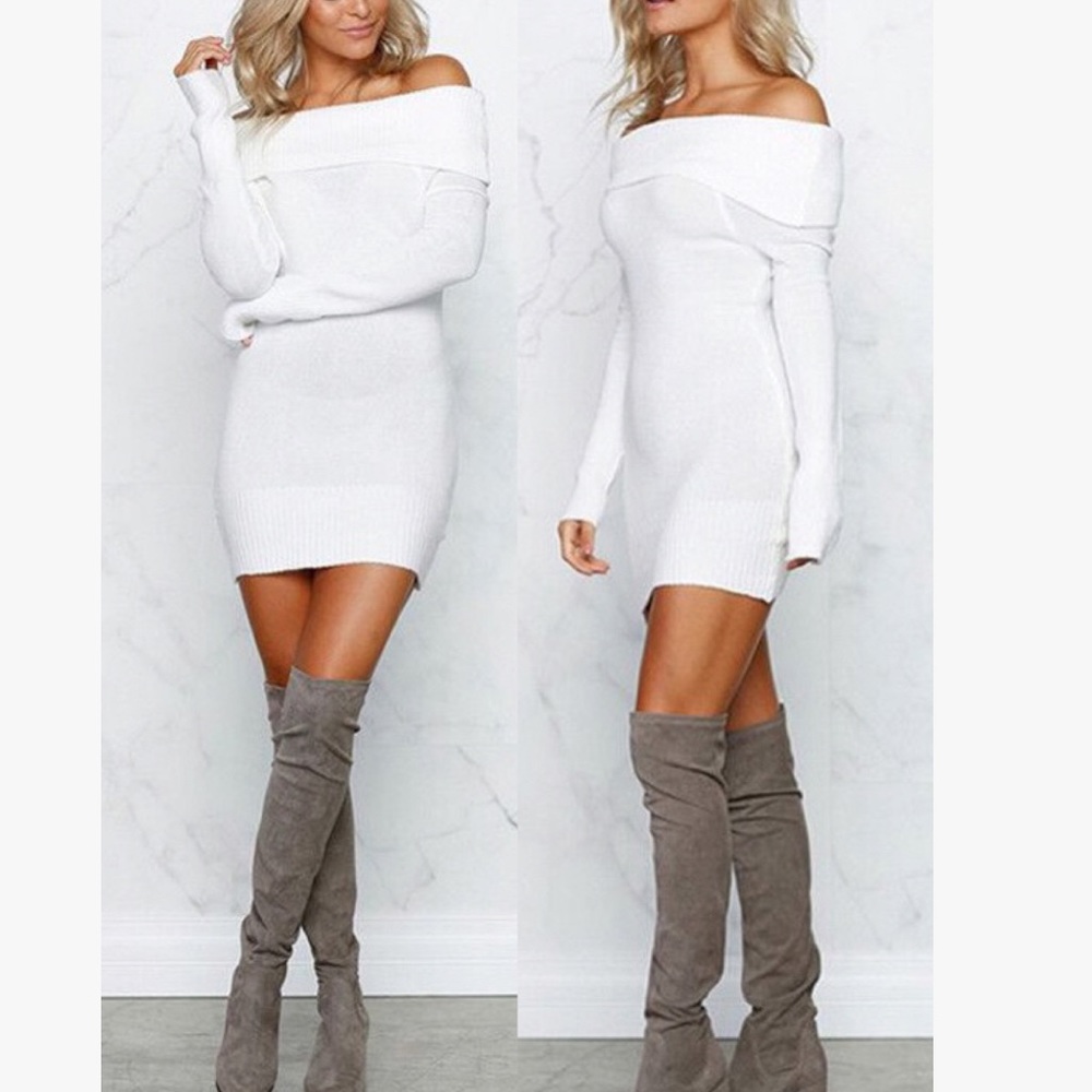 💕Sexy White Off Shoulder knitted Sweater Dress - Picture 7 of 7